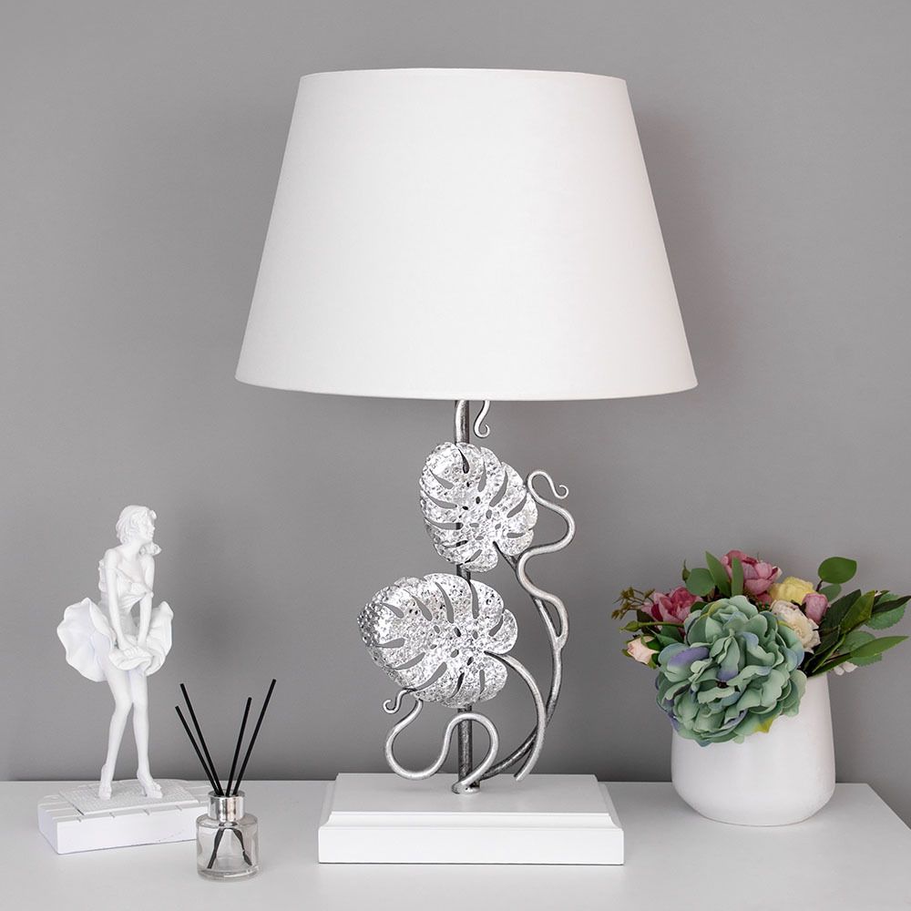 Настольная лампа Monstera Deliciosa (Монстера) Айс Античное серебро с абажуром Сити Белый