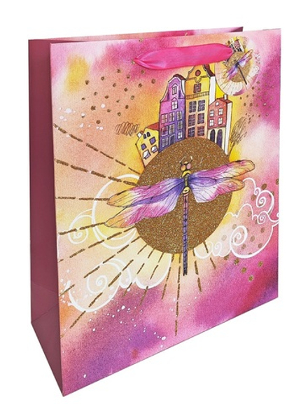 Пакет подарочный бумажный "Акварельные сюжеты. Стрекоза", мат. ламин., блестки, 26x32x12см