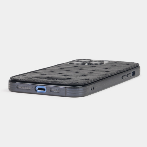 Чехол для iPhone 15 Pro Max из кожи страуса, черного цвета