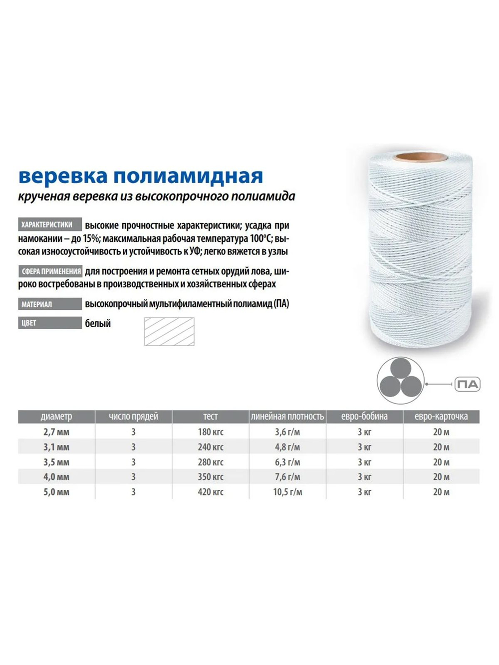 Веревка полиамидная Петроканат 3,1 мм, тест 240 кг, 1,0 кг, белая, бобина