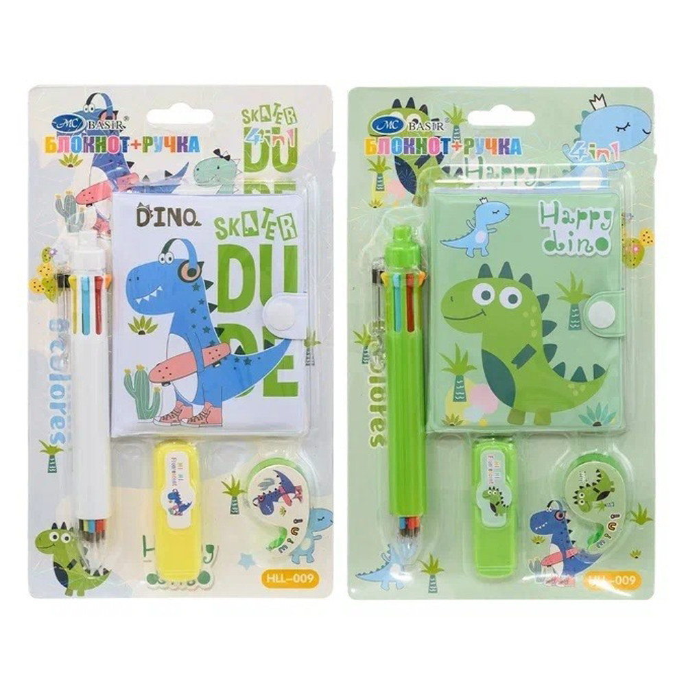 Канцелярский набор Basir с цветным текстовыделителем, 8-ми цветной ручкой, скотчем и блокнотом, серия "DINO", ассорти, 19.7*11 см