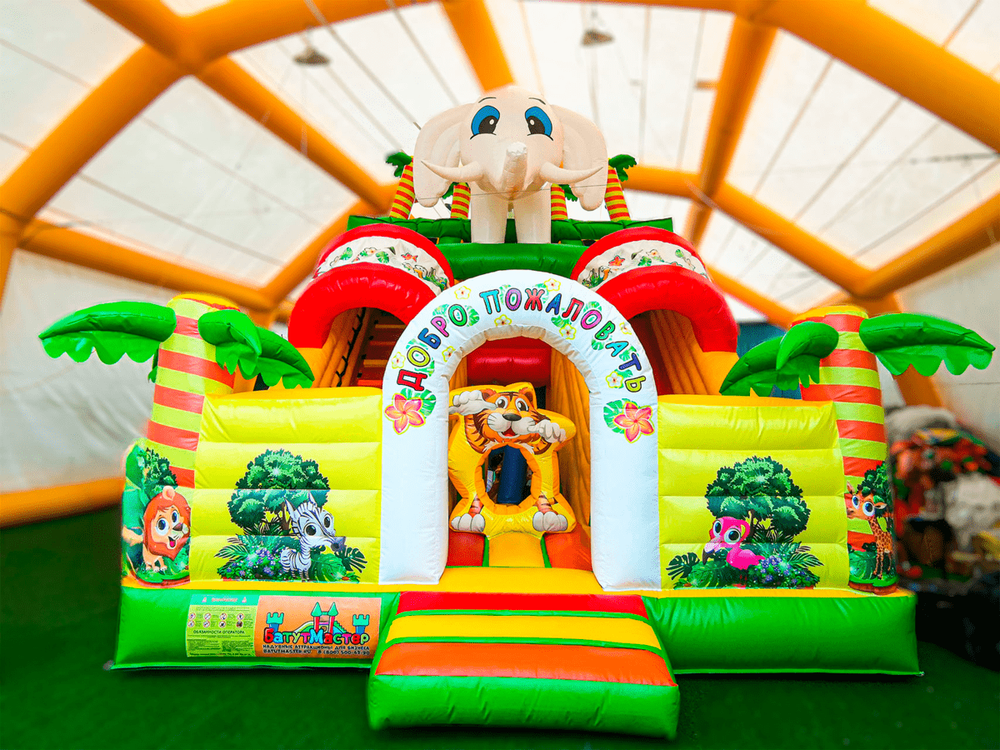 Детский надувной батут-горка "Слоник в джунглях" с прямым скатом 7*5*6 м