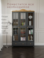 Шкаф витрина 113х32х186, Бритта, стеклянная, трёхдверный, для посуды и книг из массива сосны, cерый, Dipriz