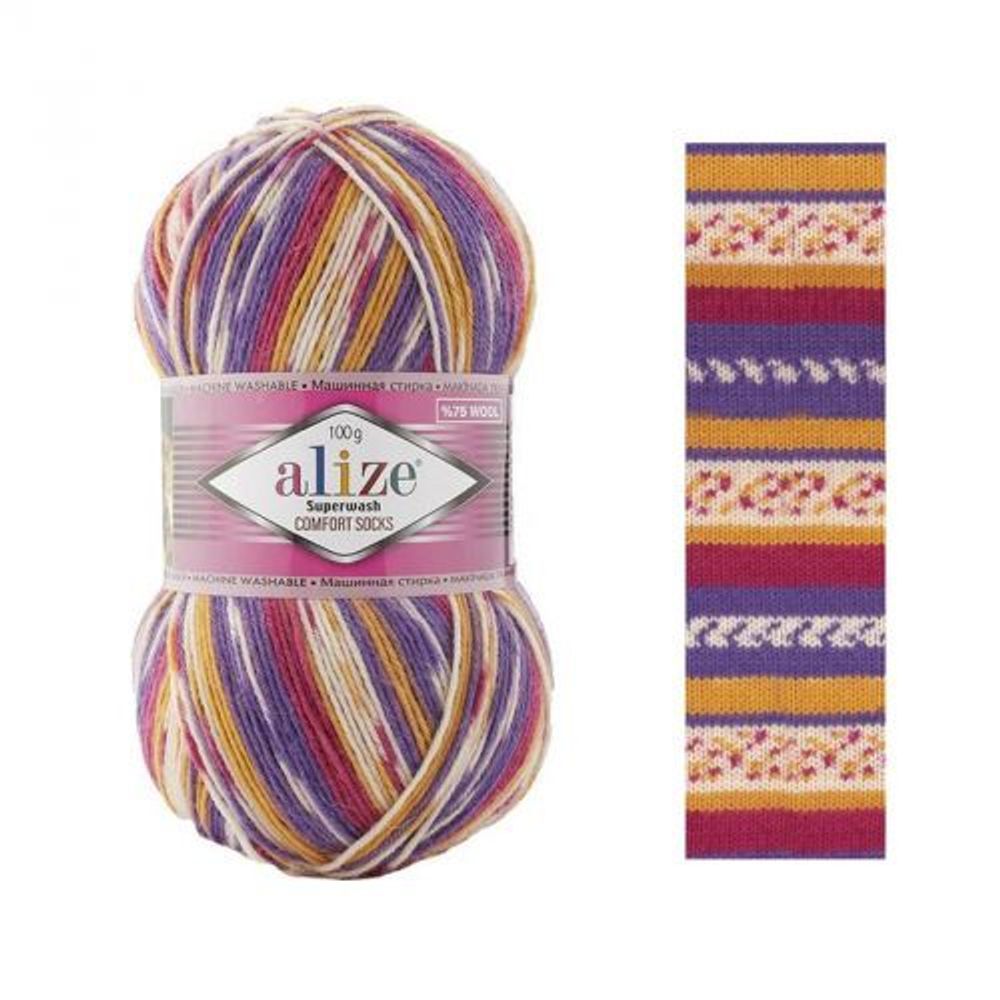 ALIZE &quot;SUPERWASH COMFORT&quot;, 75% шерсть, 25% п/а, 100 гр, 420 м, Оранжевый/желтый/фиолетовый