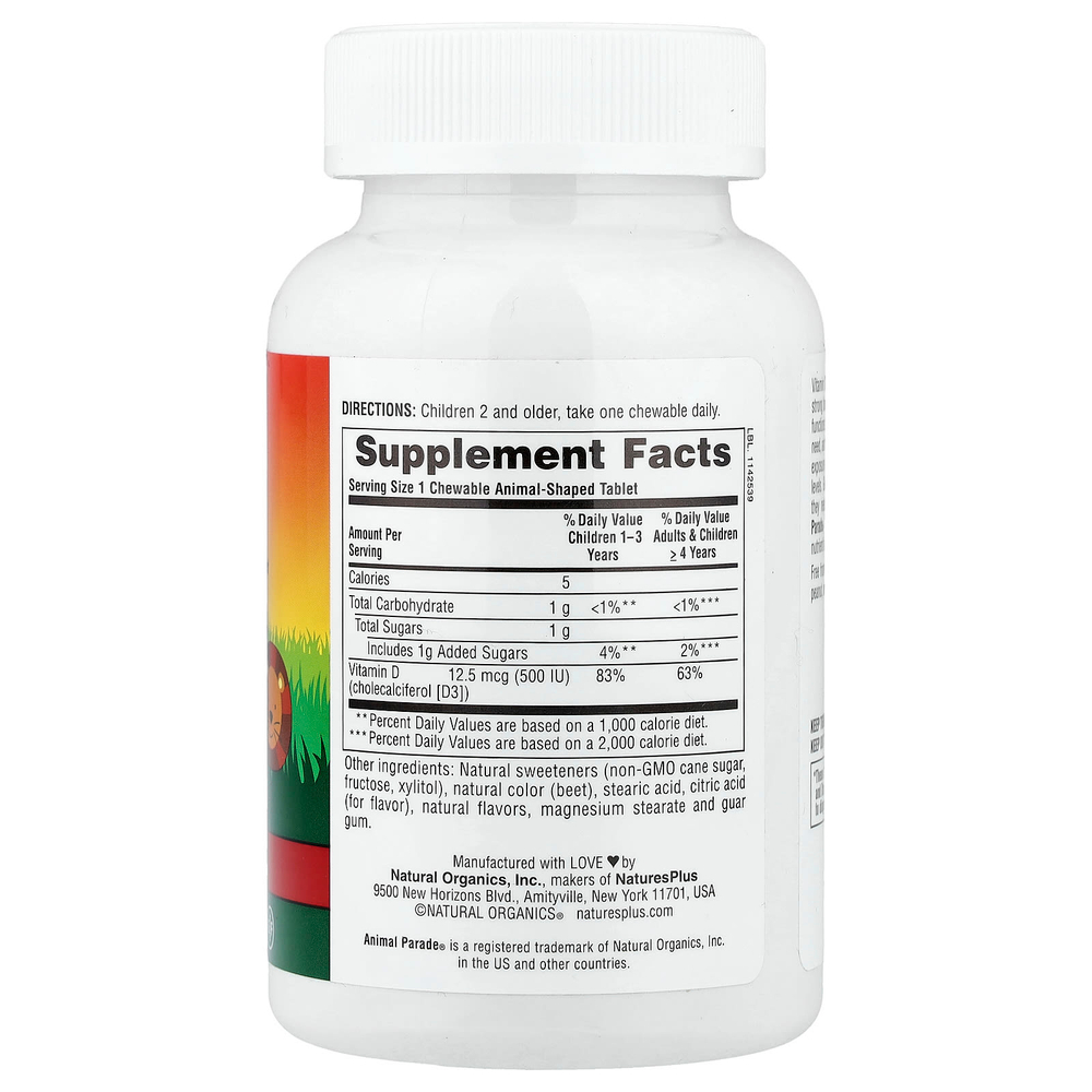 NaturesPlus, Animal Parade®, витамин D3, со вкусом черешни, 12,5 мкг (500 МЕ), 90 таблеток в форме животных