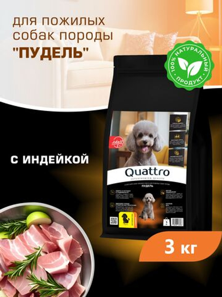 Корм сухой для пожилых собак породы Пудель старше 5 лет, с индейкой, 3 кг, QUATTRO