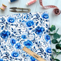 Ткань премиум таффета цветочная фатназия в голубых тонах