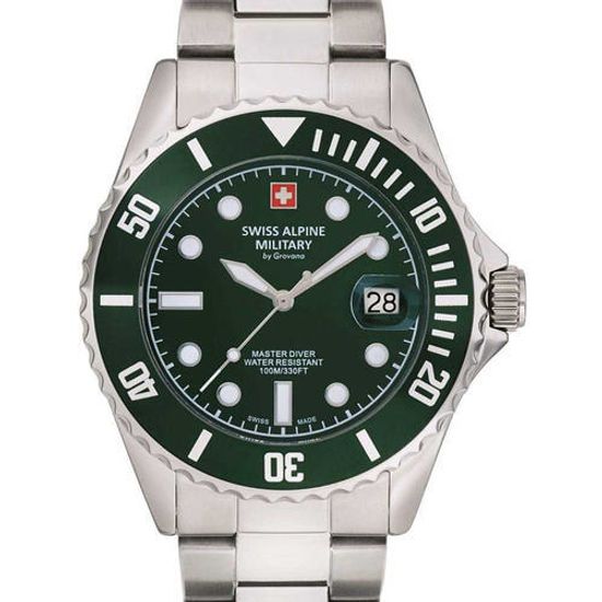 С браслетом Мужские наручные часы с серебряным браслетом Swiss Apline Military 7053.1134 diver 42mm 10ATM