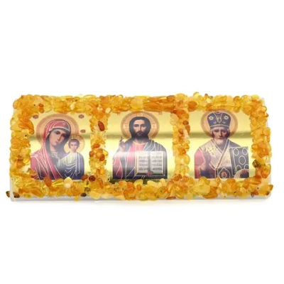 Автомобильная икона тройная с янтарной крошкой 130*55мм