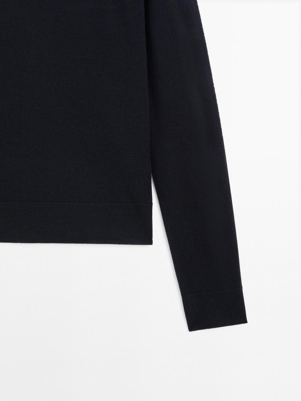 Massimo Dutti Свитер из 100% шерсти с воротником поло и пуговицами, темно-синий