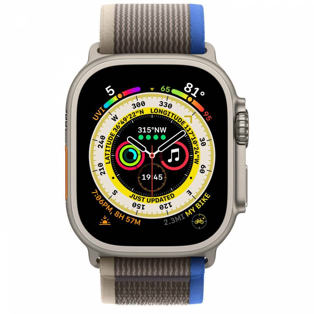 Apple Watch Ultra, 49 мм, корпус из титана, ремешок Trail цвета «синий/серый»