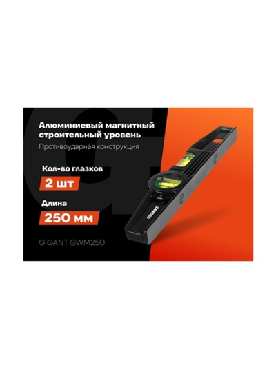 Алюминиевый магнитный строительный уровень Gigant 250мм GWM250