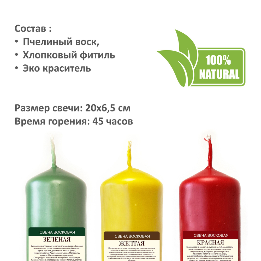 Свечи желтая, красная, зеленая, 20х6,5 см, из пчелиного воска