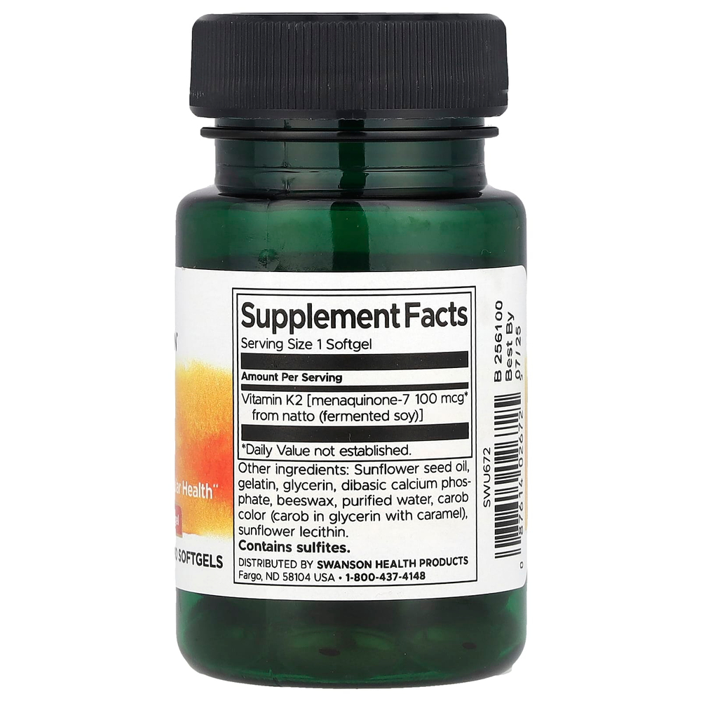 Swanson Vitamins, Натуральный витамин K2, 100 мкг, 30 мягких таблеток