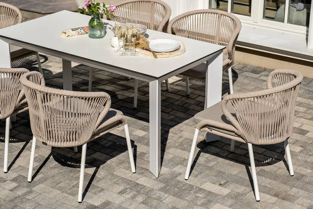 "Венето" обеденная группа на 6 персон со стульями "Милан", каркас белый, роуп бежевый