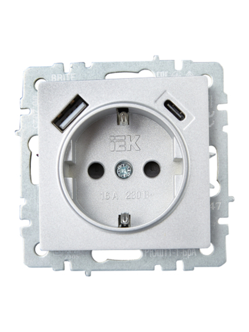 BRITE Розетка 1-местная с заземлением с защитными шторками 16А с USB A+C 18Вт РЮш11-1-БрА алюминий IEK