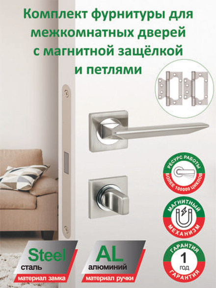 Ручка дверная с магнитной защелкой, фиксатором и петлями