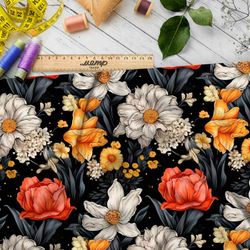 Ткань премиум атлас яркие цветочные акценты на черном