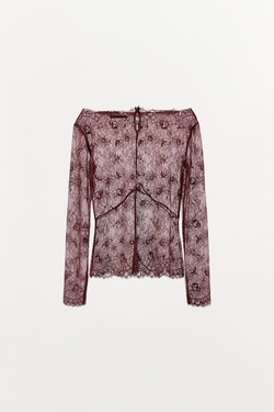 ZARA БЛУЗА ИЗ ПОЛУПРОЗРАЧНОГО КРУЖЕВА, ГРАНАТОВЫЙ