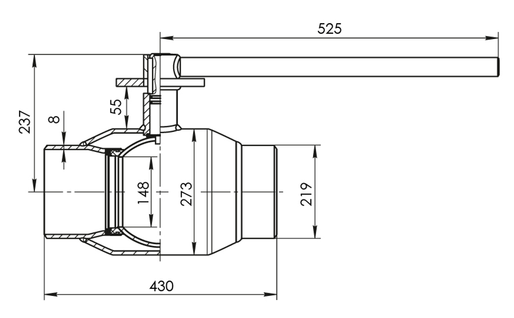 Кран шаровый Temper Ду200 Ру25 стандартнопроходной тип 282 приварной, ст. 20, L=430 мм