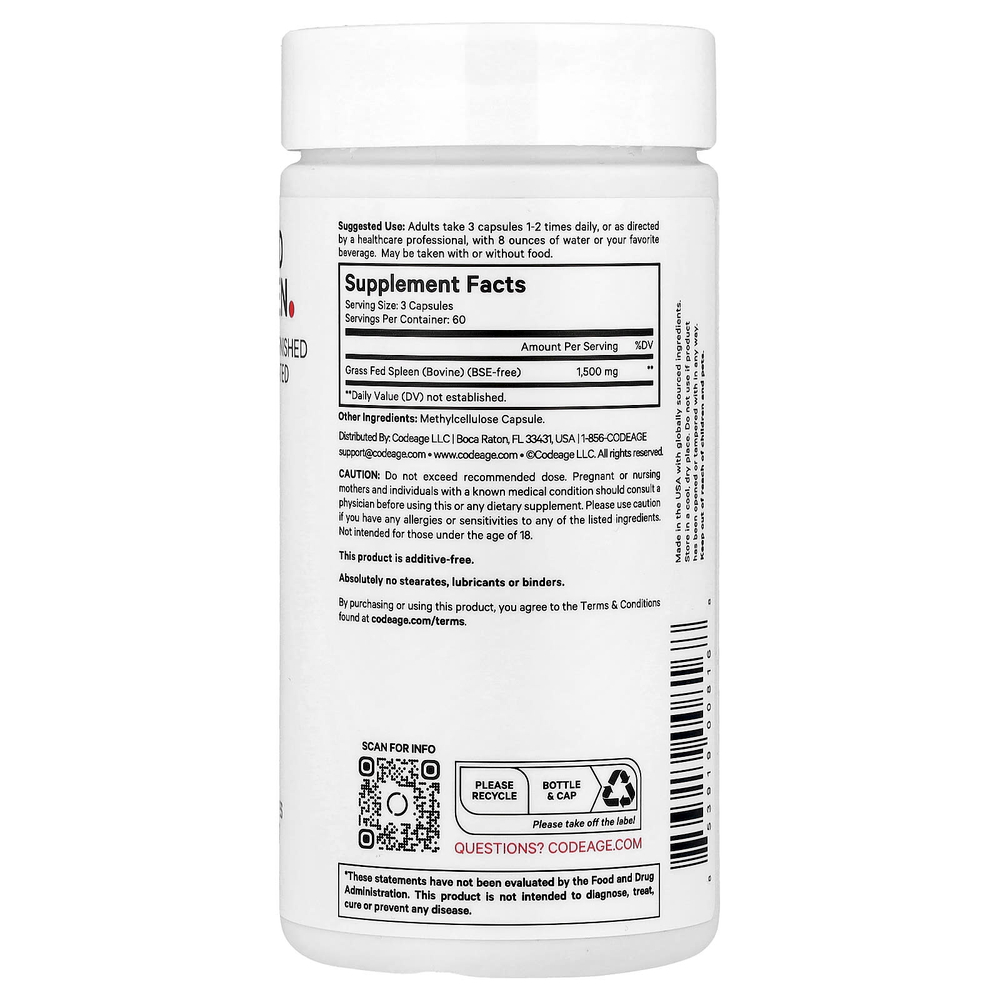 Codeage, Говяжья селезенка травяного откорма, 180 растительных капсул (500 мг на капсулу)