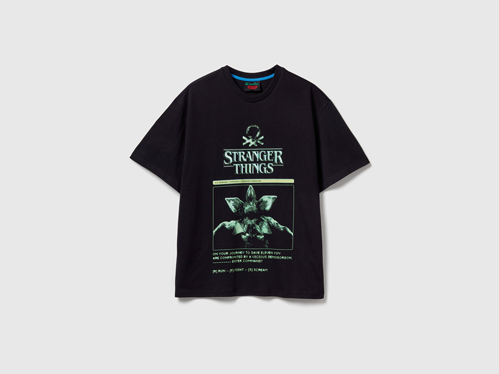 Benetton Футболка классического кроя из 100% хлопка с принтом Stranger Things, черный