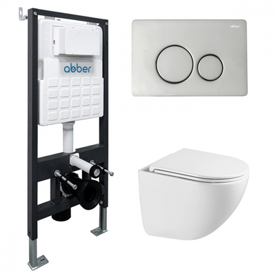 Комплект подвесной унитаз ABBER Bequem AC1131TC белый, с закрытым дном с инсталляцией AC0105 и кнопкой AC0121 хром глянцевый