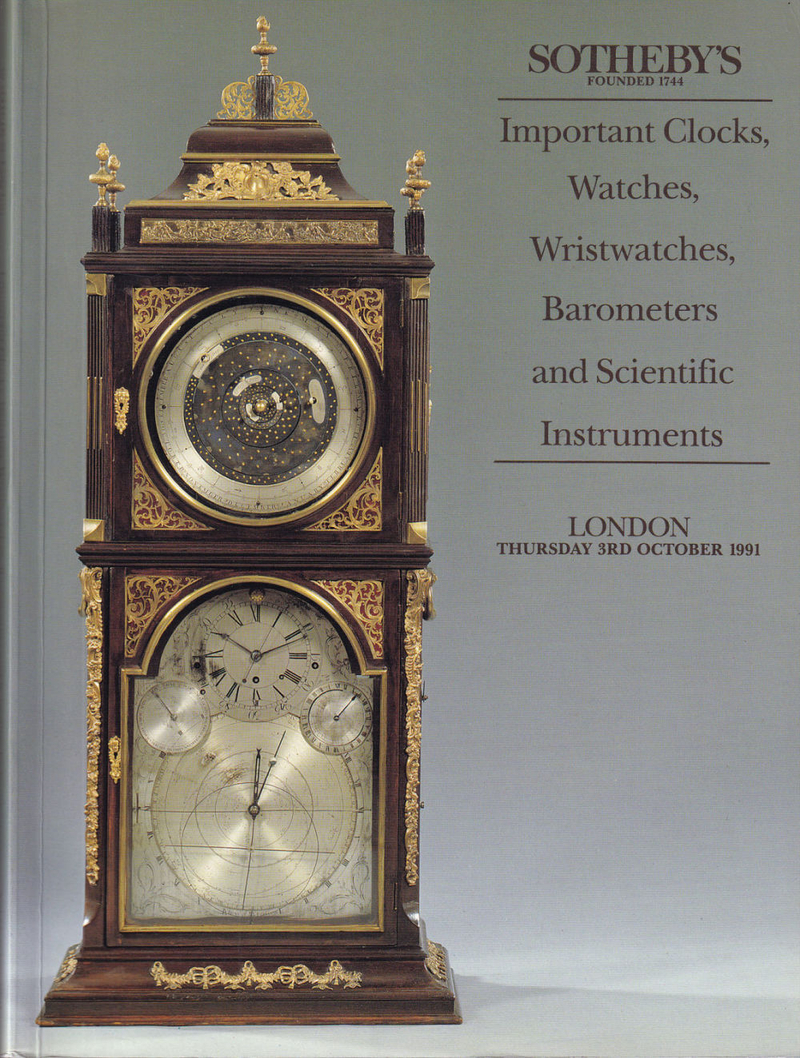Каталог аукциона Sotheby's, Лондон, Напольные часы, настенные часы, наручные часы, барометры и научные инструменты от 3 октября 1991 года