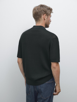 Massimo Dutti Поло с V-образным вырезом и ажурной отделкой, темно-синий