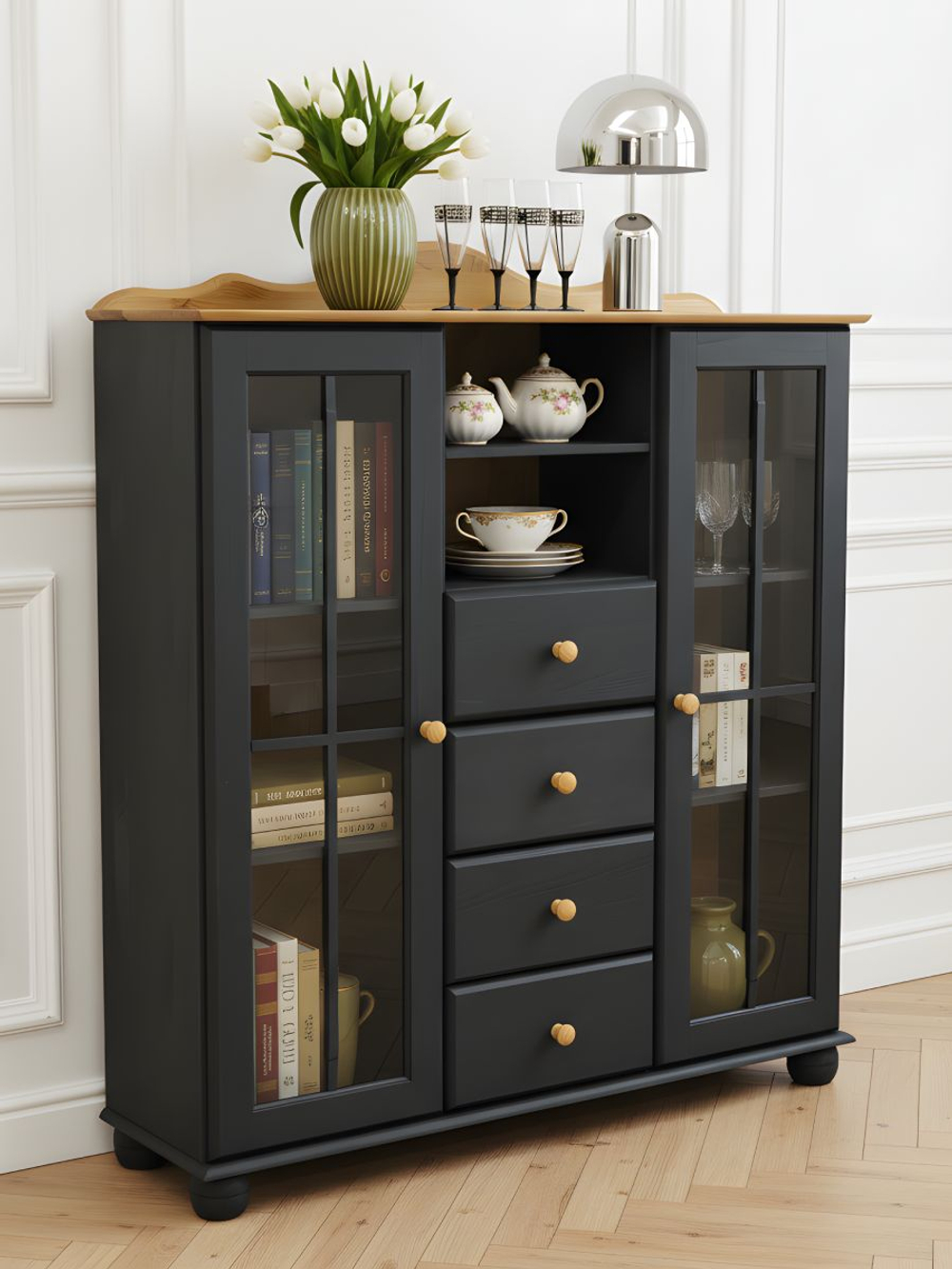 Шкаф витрина 113х32х128, Бритта, стеклянная для посуды, двухдверная, буфет деревянный, массив сосны, с 4 ящиками, серый/антик, Dipriz