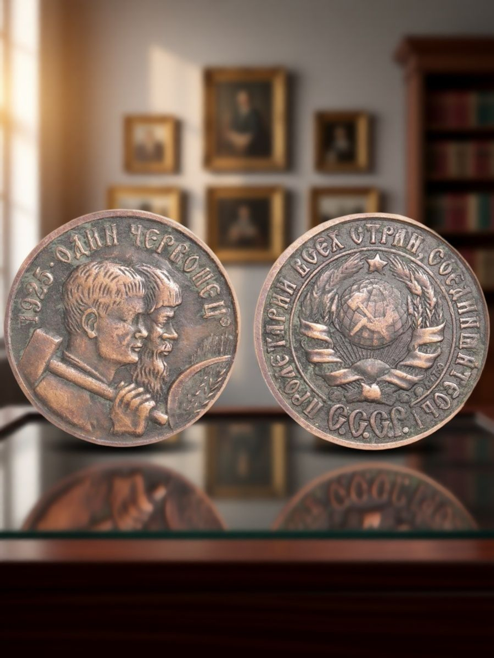 Один червонец 1925 года СССР. Кузнец и жнец направо. Копия пробной монеты медь патина