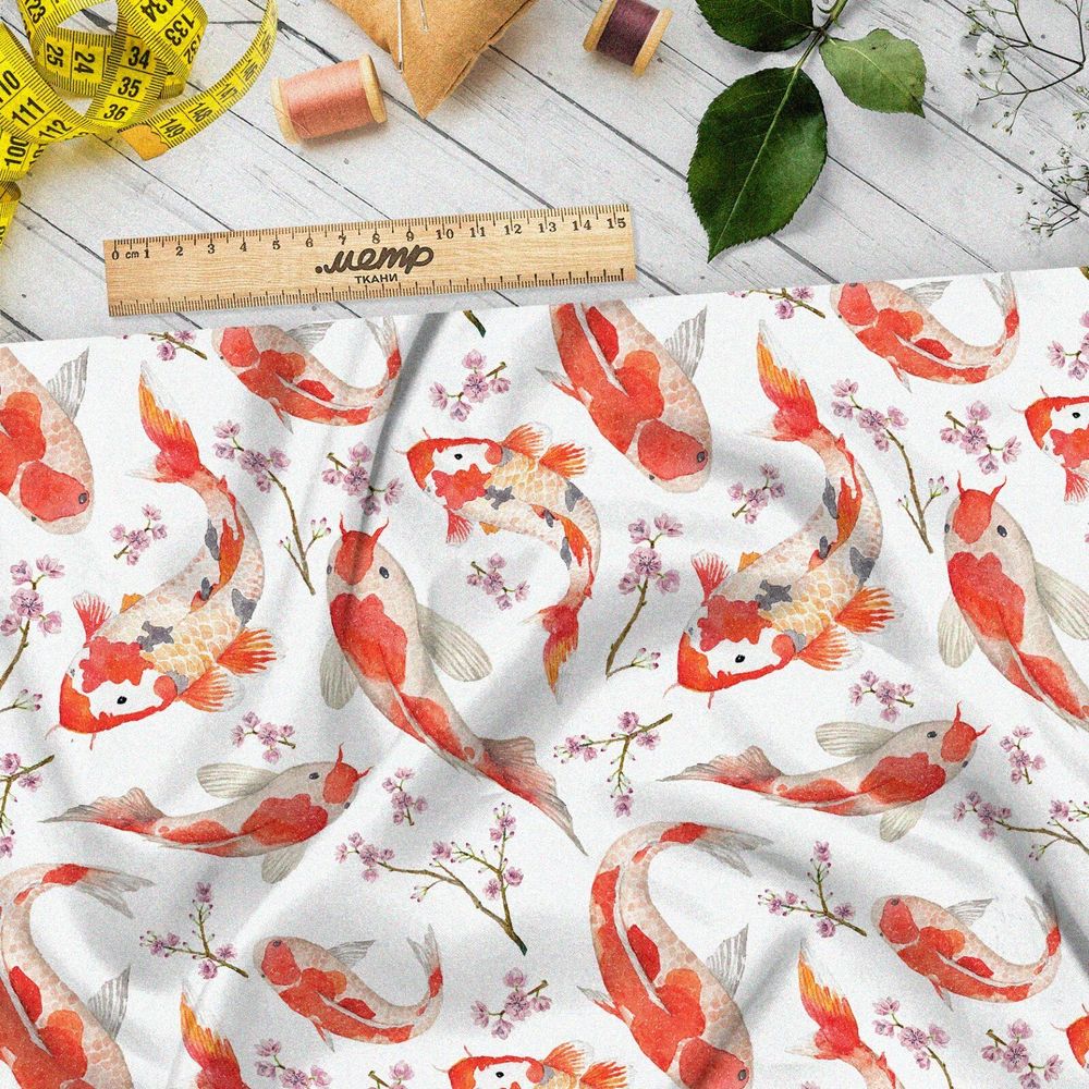 Ткань бязь японские карпы с веточками цветов