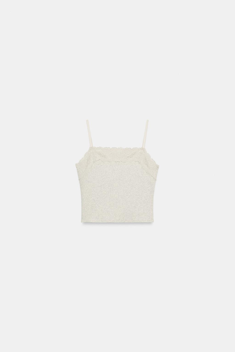 ZARA ТОП НА БРЕТЕЛЯХ С КРУЖЕВОМ, СВЕТЛО-СЕРЫЙ