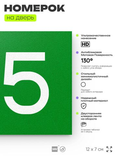 Номер на дверь 195, табличка на дверь для офиса, квартиры, кабинета, аудитории, склада, зеленая 120х70 мм, Айдентика Технолоджи