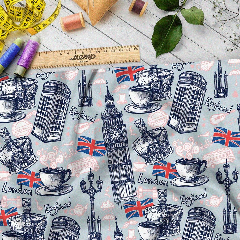 Ткань атлас корона, чай, биг-бен и великобританский флаг