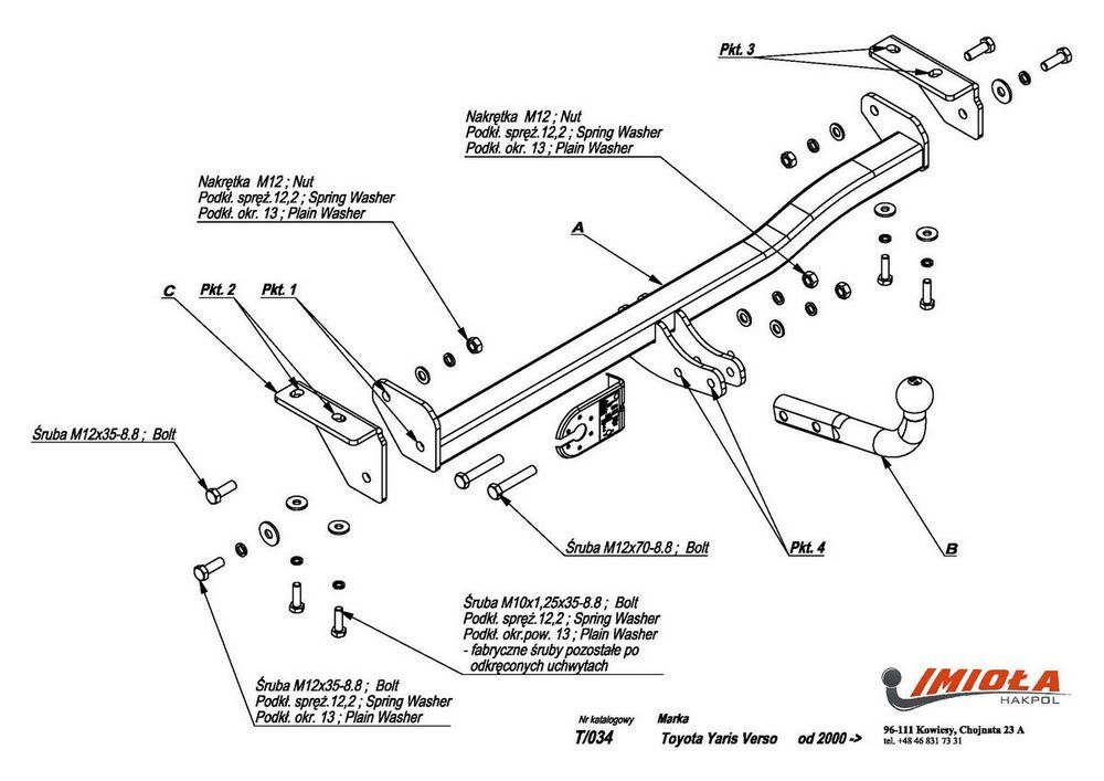 Фаркоп IMIOLA T.034 Toyota Yaris Verso 2000-2004, Toyota Fun Cargo 2000-2004(паспорт и сертификат в комплекте)(без электрики)