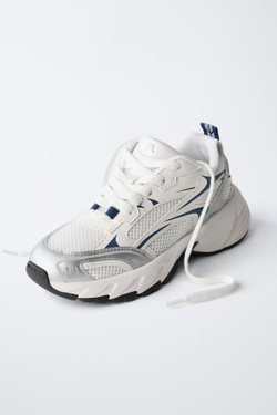 ZARA КРОССОВКИ С ДЕТАЛЯМИ ИЗ СЕТЧАТОЙ ТКАНИ, БЕЛЫЙ