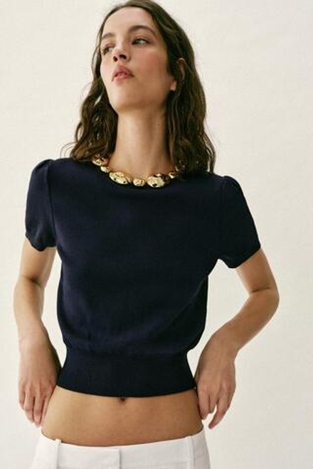 ZARA ТРИКОТАЖНЫЙ ТОП С БУСИНАМИ, СИНИЙ