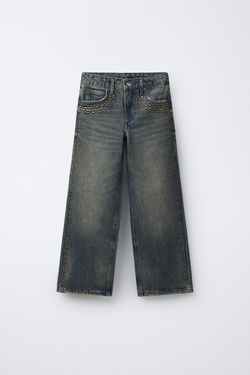 ZARA ДЖИНСЫ WIDE LEG С ЗАКЛЕПКАМИ, ЭКРЮ/СИНИЙ