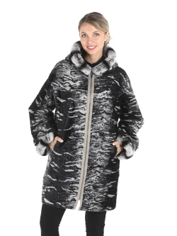 Женское пальто из натуральной кожи  с капюшоном двустороннее