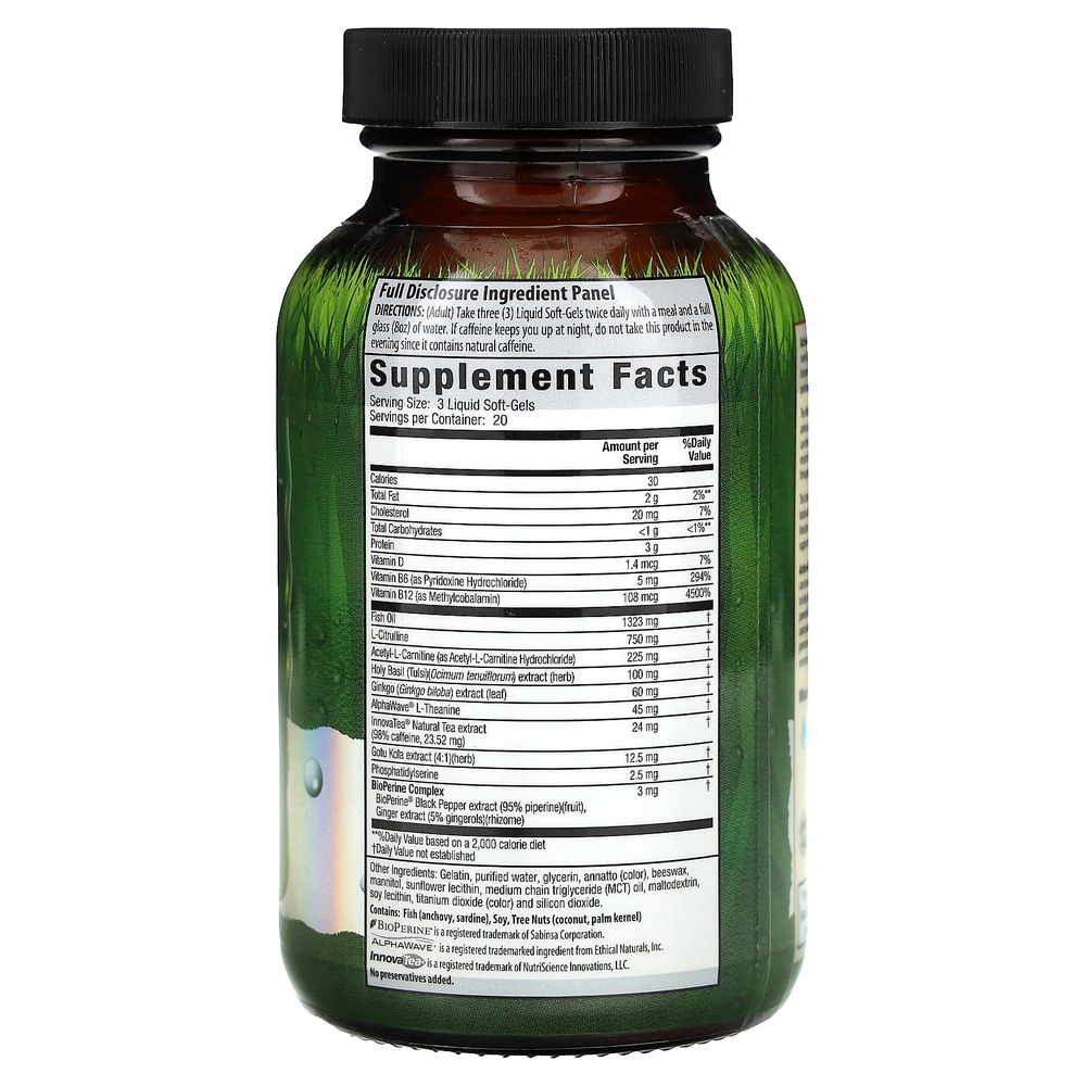 Irwin Naturals, Active-Male, Brain Awake Max 3 с бустером оксида азота, 60 капсул с жидкостью