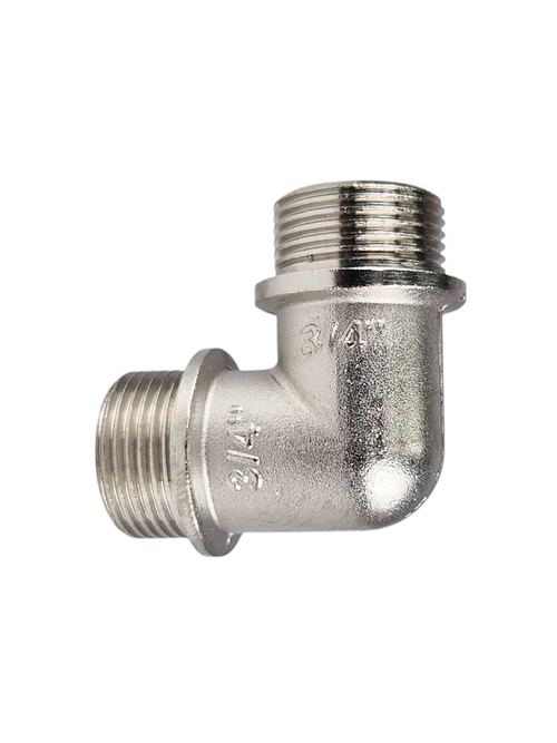 Угольник, латунь, наружная/наружная резба 3/4"х90°, никель, RTP