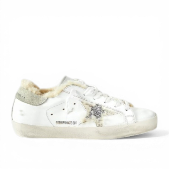 Кеды Golden Goose Superstar shearling-lined distressed glittered leather sneakers