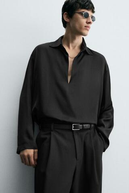 ZARА АТЛАСНАЯ РУБАШКА-ПОЛО, ЧЕРНЫЙ