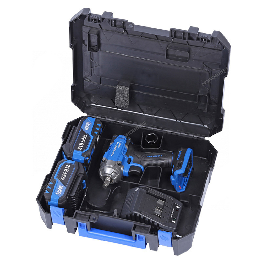 NORDBERG (NE802K) Гайковерт аккумуляторный, 1/2", 21В, 500 Нм с двумя 4A акк. и зар. уст-вом, в кейсе