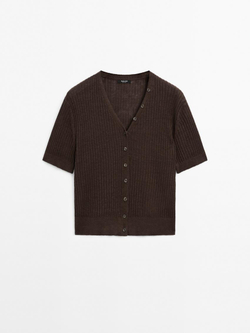 Massimo Dutti Кардиган из 100% льна с короткими рукавами, коричневый