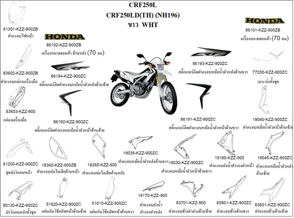 19030-KZZ-900ZC. 19070-KZZ-900ZC SHROUD R. FR. Honda CRF250L-M. NH196 White