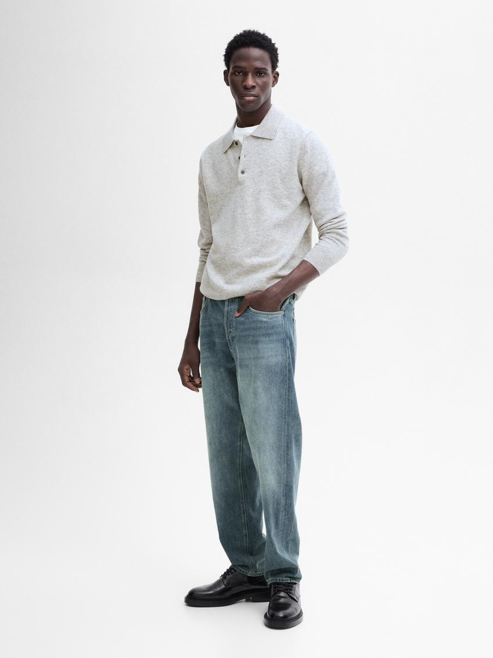 Massimo Dutti Свитер с воротником-поло из смесовой шерсти, серый меланж