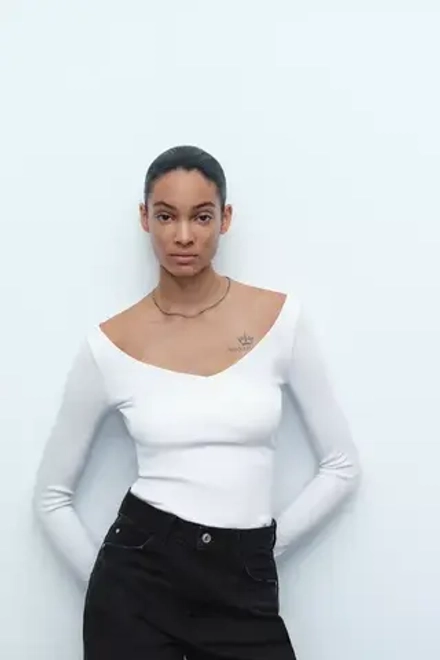 ZARA ФУТБОЛКА В РУБЧИК С ДЛИННЫМИ РУКАВАМИ, БЕЛЫЙ