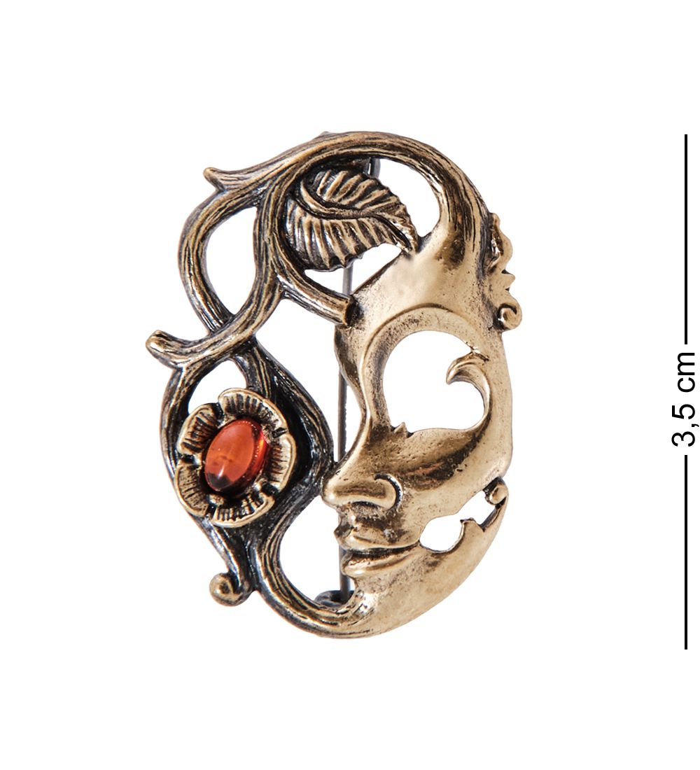 AM-4005 Брошь «Маска Веточка» (латунь, янтарь)